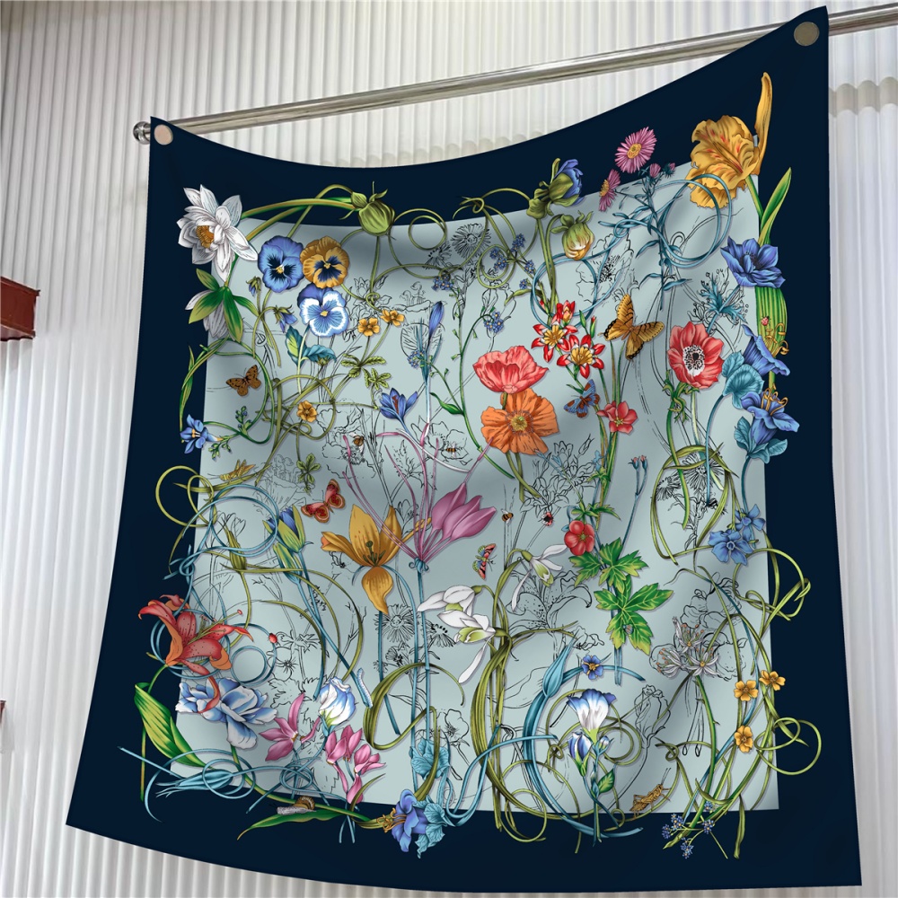 Silk Neck Scarf - 여성용 꽃 프린트 사각 실크 스카프,